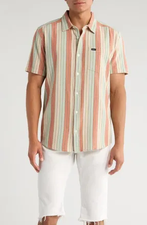 Rvca Alvarado Stripe Short Sleeve Linen Blend Button-Up Shirt in Ceramic at Nordstrom, Size Medium