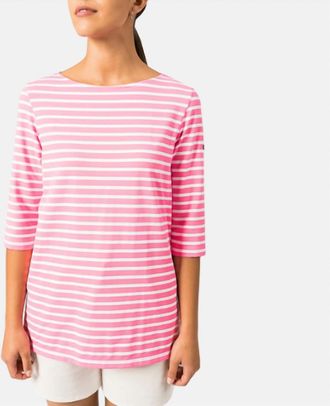 Saint James Boat Neck Striped Tunic Top In White/neon