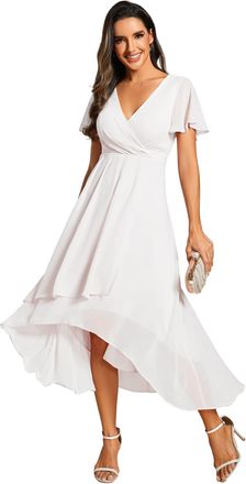 Ever-pretty Womens Chiffon V-Neck Short Wedding Guest Dress with Ruffled Sleeves Bridesmaid White 30UK
