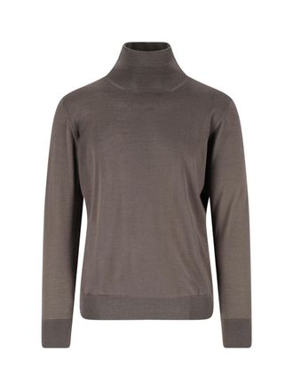 Caruso Brown High Neckline Ribbed Knit Sweater