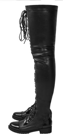 Generic Black,9.5 UK,Thigh High Boots for Women Patent Leather PU Chunky Heel Low Heels Over The Knee Boot Lace-up Side Zipper Fall Comfy Long Boot Dress Shoe