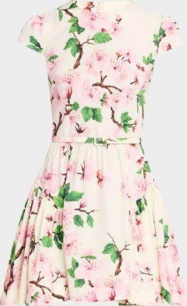 Oscar De La Renta Short-Sleeve Cherry Blossom Poplin Mini Dress With Belt