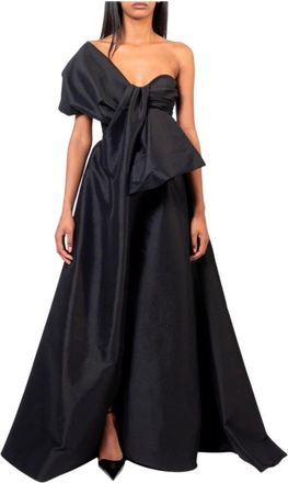Doris S Zwarte Elegante Lange Jurk met Zijwaartse Split en Voorstrik - Dames - Avondkleed - Zwart - XS - Kleedjes