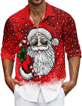Generic Mens Christmas Shirt Xmas Holiday Party Dress Shirts Long Sleeve Snow Print Christmas Tree Shirt Casual Button Down Tshirt Funny Xmas Hawaiian Shirt f