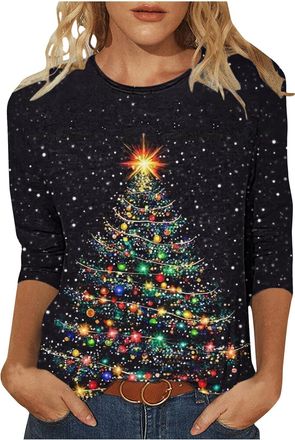 Generic KUIH Christmas Tops for Women Novelty Funny Xmas Tees Cotton 3/4 Sleeeve Blouse Lightweight Christmas Tree Jumper Graphic Pullover Holiday Crewneck Tu