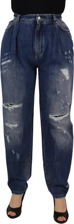Dolce & Gabbana Womens Blue Washed High Waist Loose Fit Pants Cotton