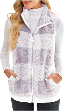 Generic Womens Gilets Teddy Fleece Gilet Women Plaid Zip-Up Waistcoat Gilet Sherpa Fluffy Vest Body Warmer Lightweight Cozy Jackets Plush Vest Sleeveless Coat