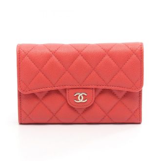 Chanel Red Color Leather Long Wallet (Tri-Fold) (Pre-Owned)