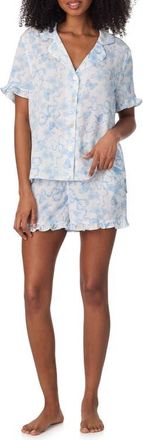 Room Service PJs Print Ruffle Trim Short Pajamas in White/blue at Nordstrom, Size X-Large
