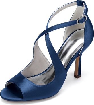 Generic Wedding Bridal Shoes Women Pumps Peep Satin Open Toe Strap Stiletto High Heel Dress Shoes Pumps Office Party Wedding9.5Cm,Dark Blue,10 UK
