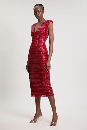Karen Millen Womens Premium Crystal Embellished Jersey Sleeveless Plunge Neck Midi Dress - Pink - Size X-Small
