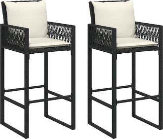 vidaXL Taburetes De Cocina Con Cojines 2 Uds Rat&aacute;n Sint&eacute;tico Negro Vidaxl
