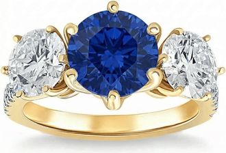 Pompeii3 Certified 6 3/4Ct Blue Sapphire Diamond Ring Three Stone Gold Lab Grown