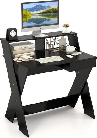 Costway Costway - Mesa De Ordenador Con Caj&oacute;n, Mesa Escritorio Con Elevador De Pantalla, Reposapi&eacute;s Y Patas En Forma De X, Mesa De Estudio Para Espacios Peque