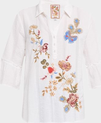 Johnny Was Florrie Embroidered Seersucker Henley Tunic