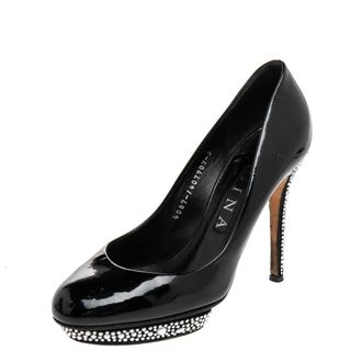 Gina Black Patent Leather Crystal Embellished Pumps
