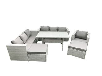 Fimous 7 Pieces Outdoor Rattan Sofa Set with Cushions Patio Garden Furniture Sets with Armchair Dining Table 2 Big Footstools in Light Grey