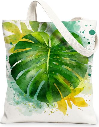 Generic Artistic Leaf Canvas Tote Bags, Modern Green Plant Pattern Reusable Grocery Bags, Lightweight Washable Shoulder Strap, Green, 13x15 Inch