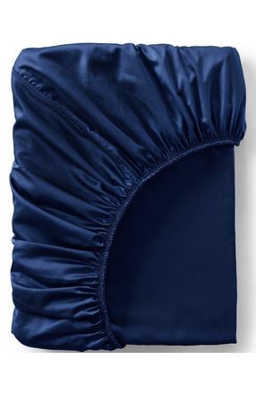 Lands End 417 Thread Count Premium Supima Cotton No Iron Sateen Fitted Bed Sheet in Deep Sea Navy at Nordstrom, Size Queen