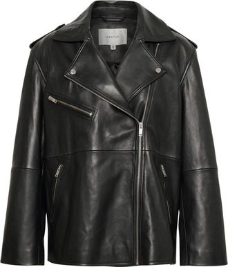 Gestuz Zwarte leren jas - Dames - Leren en Su&egrave;de Jassen - Zwart - 2XS - Leer - Jassen