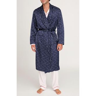 Petite Plume Nautical Stripe Mulberry Silk Robe in Navy at Nordstrom, Size Small
