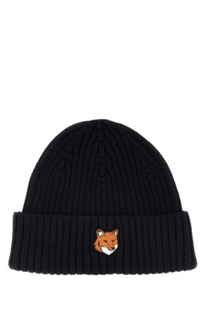 Maison Kitsun&eacute; Black Embroidered Beanie Hat