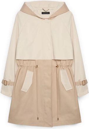 Fiorella Rubino Tweekleurige Trenchcoat met Capuchon - Dames - Parka Jassen - Beige - 4XL - Katoen - Jassen