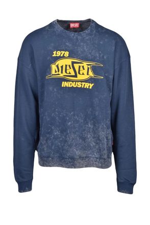 Diesel Blue/Yellow Cotton Mens Crew Neck Sweatshirt