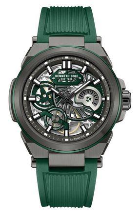 Kenneth Cole Skeleton Black Automatic Silicon Strap Watch, 42mm in Green at Nordstrom