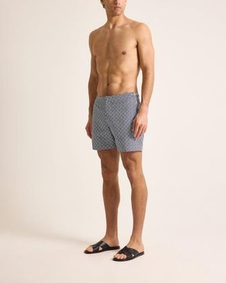 Orlebar Brown Bulldog Jacquard Mid-Length Classic Fit Jacquard Swim Shorts With Portico Print in Night Iris/white Sand at Nordstrom, Size 36