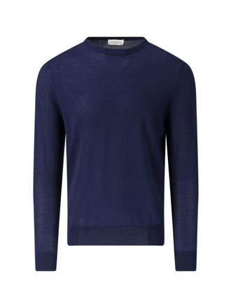 Ballantyne Blue Fine-Knit Ribbed Trim Crewneck Sweater