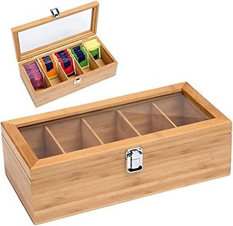 OEM Caja De T&eacute; De Bamb&uacute; Con Cinco Compartimentos Y Tapa De Cristal Acr&iacute;lico, Medidas: 30 X 12 X 10 Cm, Bolsitas De T&eacute; No Incluidas