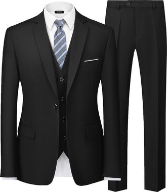 Mys Mens 3 Piece Solid Suit Set, One Button Slim Fit Jacket Vest Pants with Tie, Black, XL