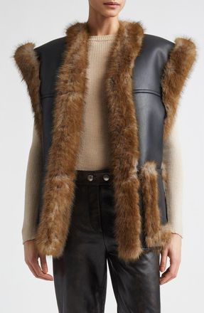 Stand Studio Cassia Reversible Faux Leather & Faur Fur Vest in Black/Brown at Nordstrom, Size 2 Us