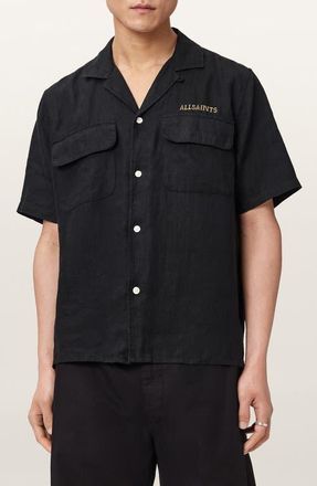 AllSaints Dunloe Embroidered Linen Button-Up Camp Shirt in Jet Black at Nordstrom, Size Xx-Large