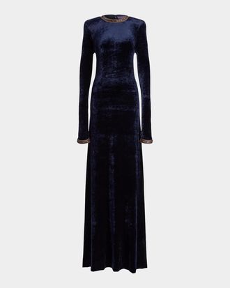Ralph Lauren Collection Nancie Strong-Shoulder Velvet Long-Sleeve Evening Dress