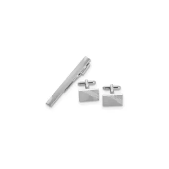 Diamond2Deal Rhodium-plated Satin Finish Striped Design Cuff Link and Tie Bar Set