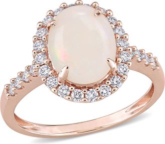 Mimi & Max 1 5/8 CT TGW Opal and 2/5 CT TW Diamond Halo Ring in 14K Rose Gold