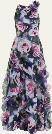 Teri Jon Ruffle-Trim Floral Chiffon Halter Gown