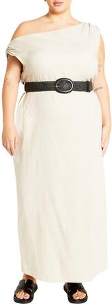 City Chic Lana One-Shoulder Sleeveless Linen Blend Maxi Dress in Stone at Nordstrom, Size Xxl
