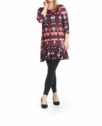 Papillon Geometric 3/4 Sleeve Dress With Ruffle Hem In Red