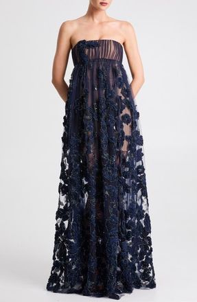 Helsi Beatrice Strapless 3D Embellished Floral Sheer Gown in Midnight Blue at Nordstrom, Size X-Small