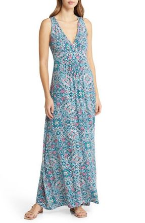 Loveappella Floral Paisley Print Sleeveless Jersey Maxi Dress in Teal at Nordstrom, Size X-Small