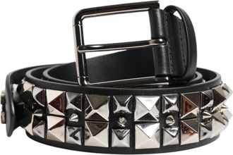 Dolce & Gabbana Black Calf Leather Studded Silver Buckle Mens Belt