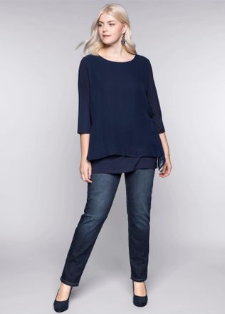 Sheego Blusenshirt SHEEGO Blusenshirt, Damen, Gr. 44/46, blau (marine), 95% Viskose, 5% Elasthan, Webware:100% Polyester, unifarben, Rundhals, Shirts Blusens