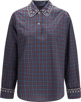 Marni Geruit katoenen overhemd met geborduurde details - Dames - Blouses & Shirts - Paars - Maat: 2XS Katoen