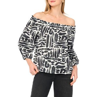 Vince Camuto Off the Shoulder Puff Sleeve Top in Rich Black Multi at Nordstrom Rack, Size X-Large