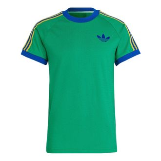 adidas Mens adidas originals Cali Tee Pattern Stripe Printing Ribbed Round Neck Short Sleeve Green T-Shirt IB3423