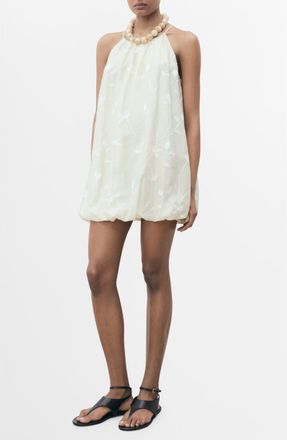 Mango Floral Embroidery Bubble Hem Minidress in Ecru at Nordstrom, Size 6