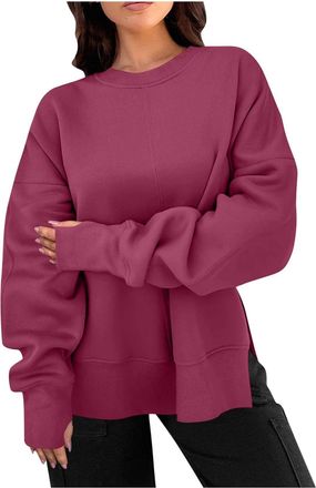 Generic Sweatshirts for Women Long Sleeve Casual Pullover Side Split Round Neck Tunic Tops with Thumb Hole Ladies Plain Loose Fit Streetwear Y2K Sweatshirt